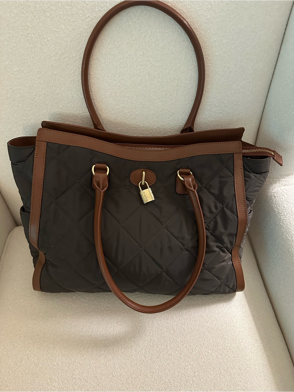 Talbots Quilted Nylon Tote Bag with Brown Leather Trim and Gold Lock Fall